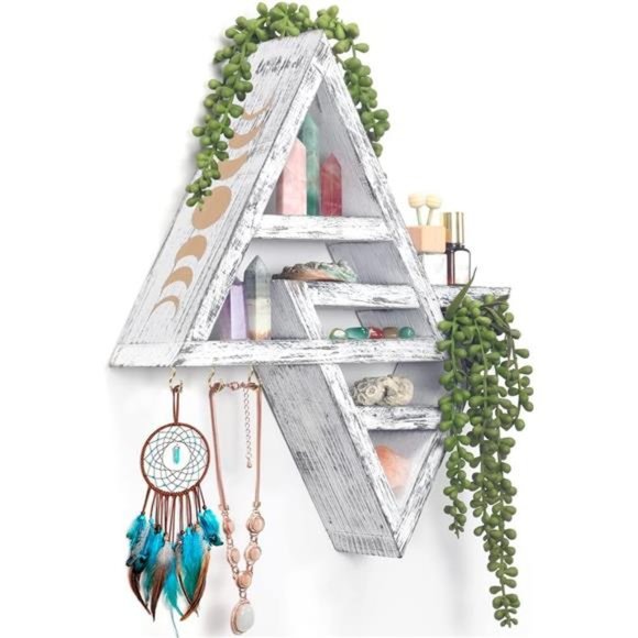 Moon Phase Triangle Shelf with Hooks - Moon Shelf for Crystals- Witchy White - Picture 1 of 7